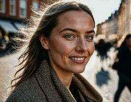 photo of beautiful european woman walking in street and building retro style, generative AI