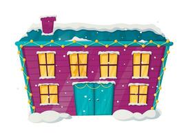 Winter vector isolated Christmas illustration of cartoon house with snow and light in the windows.