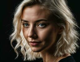 photo of close up beautiful european woman with blonde hair color in black background, generative AI