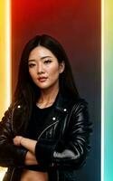 photo of asian woman in jacket outfit with colorful light in background, generative AI