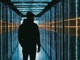 photo of man in black hoodie in server data center room with neon light, generative AI