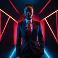 photo of smart african woman with business suit at neon mxied red and blue light sci fi background, generative AI