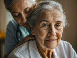 photo of woman take care senior woman at home, generative AI