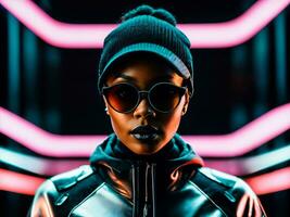 photo of black woman in black hoodie in server data center room with neon light, generative AI