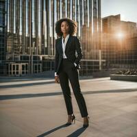 foto de inteligente africano mujer con negro negocio traje a grande moderno ciudad, generativo ai