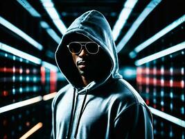 photo of black man in black hoodie in server data center room with neon light, generative AI