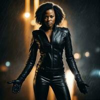 photo of strong african woman with black leather suit in heavy rain night, generative AI