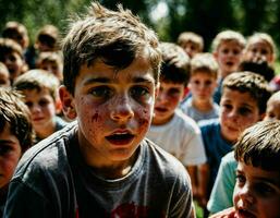 photo group of boy being bullied with wound and blood in the gang, generative AI