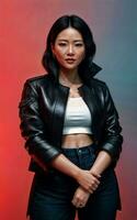 photo of asian woman in jacket outfit with colorful light in background, generative AI