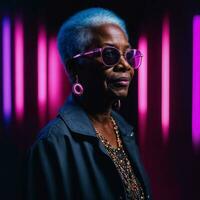 photo of middle aged old African woman with with mixed pink and blue neon light, generative AI