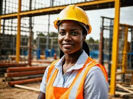 photo of african black woman as a construction worker with helmet, generative AI