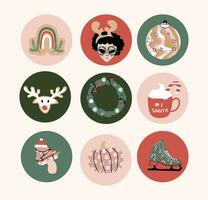 Groovy Christmas icon sticker set with gingerbread, ice skate and decoration items. vector