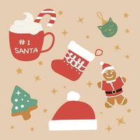 Christmas elements with gingerbread cookies, hot chocolate and Christmas stockings. vector