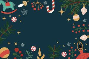 Merry Christmas background with seasonal decorations and foliage. vector