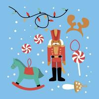 hand-drawn flat Christmas elements collection. Christmas toys with a nutcracker, rocking horse, and candy. vector