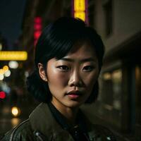 photo of asian woman at street night with light, generative AI