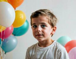 foto Sesión de fotos de niño con globos en blanco fondo, generativo ai