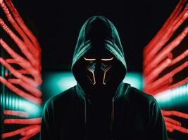 photo of man in black hoodie in server data center room with neon light, generative AI