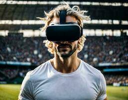 photo of handsome man with VR glasses headset at stadium sport arena, generative AI