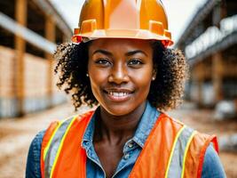 foto de africano negro mujer como un construcción trabajador con casco, generativo ai