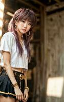 photo of teenage playful asian woman with accessories and mullet hairstyle, generative AI