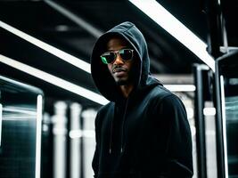 photo of black man in black hoodie in server data center room with neon light, generative AI