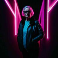 photo of middle aged old woman with with mixed pink and blue neon light, generative AI