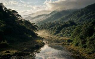 foto de paisaje montaña ver con mullido fumar y nube, generativo ai