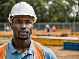 photo of african black man as a construction worker with helmet, generative AI