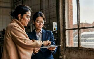 photo of working entrepreneur woman at factory with machine and worker, generative AI