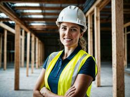 photo of woman as a construction worker with helmet, generative AI