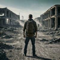 survivor people at apocalypse world with abandon damaged building, generative AI photo
