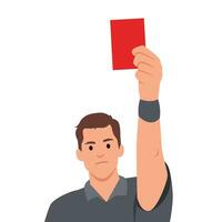 Soccer judge and football rules concept. Young man soccer judge standing and showing red card to player whistling during game. vector