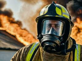 photo of firefighter with big fire cloud and smoke in background, generative AI