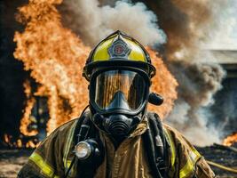 photo of firefighter with big fire cloud and smoke in background, generative AI