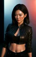 photo of asian woman in jacket outfit with colorful light in background, generative AI