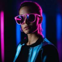 photo of beautiful woman with with mixed pink and blue neon light, generative AI