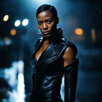 photo of strong african woman with black leather suit in heavy rain night, generative AI