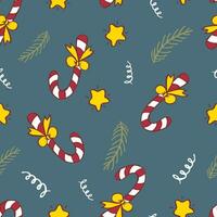 Seamless Christmas pattern with candy cane, sprigs of spruce, and stars. Christmas background. Graphic design element for wrapping paper. Vector illustration.