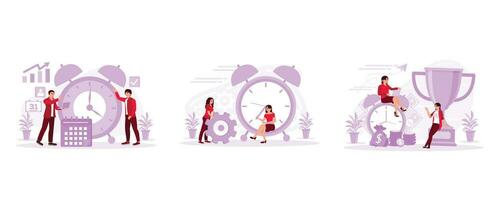 Control over compliance with the implementation of deadlines, Time management, and business concept, successful woman employee at work. Set Trend Modern vector flat illustration