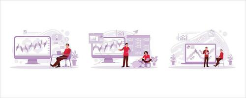 Stock trader concept. Analyzing Data to Make the Best Sales. Investment, risk, stock market, and finance concepts. Stock market concept. Set Trend Modern vector flat illustration