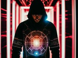 photo of man in black hoodie in server data center room with neon light, generative AI