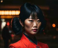 foto de asiático mujer a calle noche con luz, generativo ai