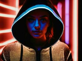 photo of woman in black hoodie in server data center room with neon light, generative AI