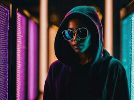 photo of black woman in black hoodie in server data center room with neon light, generative AI