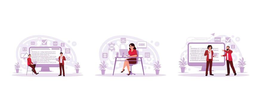 empresa proceso desarrollo estructura, industrial hermosa y confidente mujer trabajando en computadora, barbado hombre explicando web código a colegas en el oficina. vector