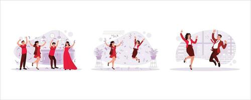 Young happy people throw confetti, Celebrate happiness, cheer and jump happily, celebrating victory celebration concept. vector
