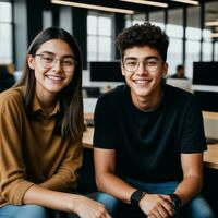 Pareja de contento joven Adolescente a el trabajando oficina espacio, generativo ai foto