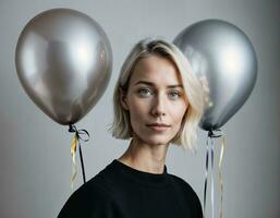 photo of beautiful european woman with blonde hair color in black and white balloons in background, generative AI
