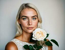 photo of beautiful woman in blonde hair color with white rose background, generative AI